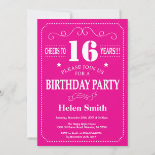 Invitation d'anniversaire 16 ans rose chaud et bla