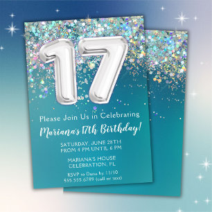 Invitation d'anniversaire 17 ans Teal Pailleté Arg