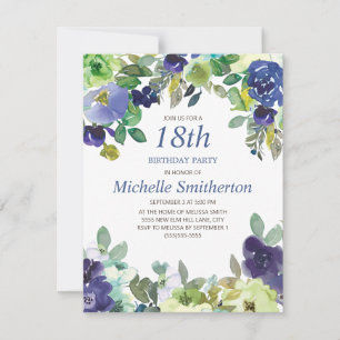 Invitation d'anniversaire 18 ans Floral Aquarelle