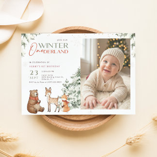 Invitation d'anniversaire 1 an Animal Winter Onede