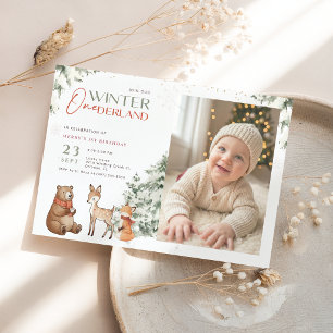 Invitation d'anniversaire 1 an Animal Winter Onede