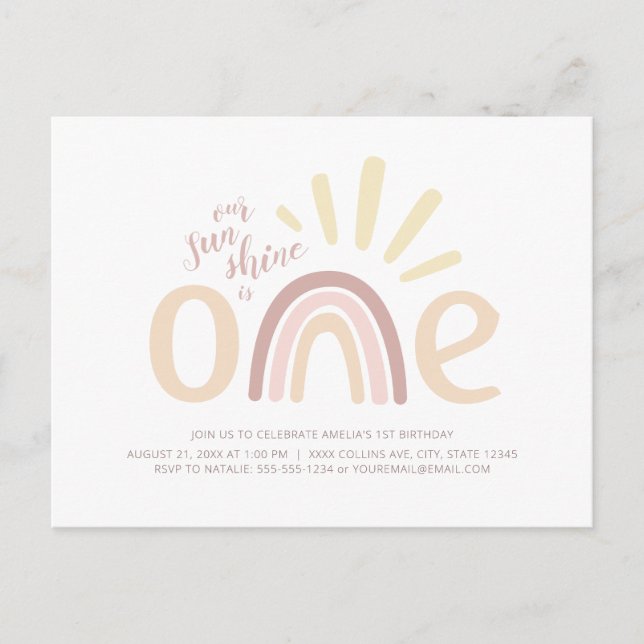 Invitation d'anniversaire 1 an Boho Rainbow et Sun (Devant)