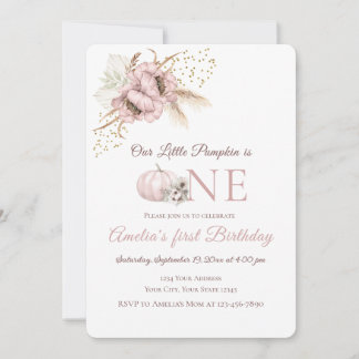 Invitation d'anniversaire 1 an Boho Rose Citrouill