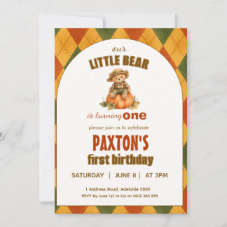 Invitation d'anniversaire 1 an garçon ours automne