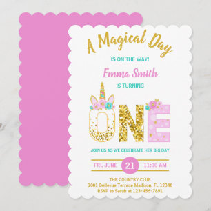 Invitation d'anniversaire 1ère licorne rose avec p