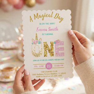 Invitation d'anniversaire 1ère licorne rose avec p