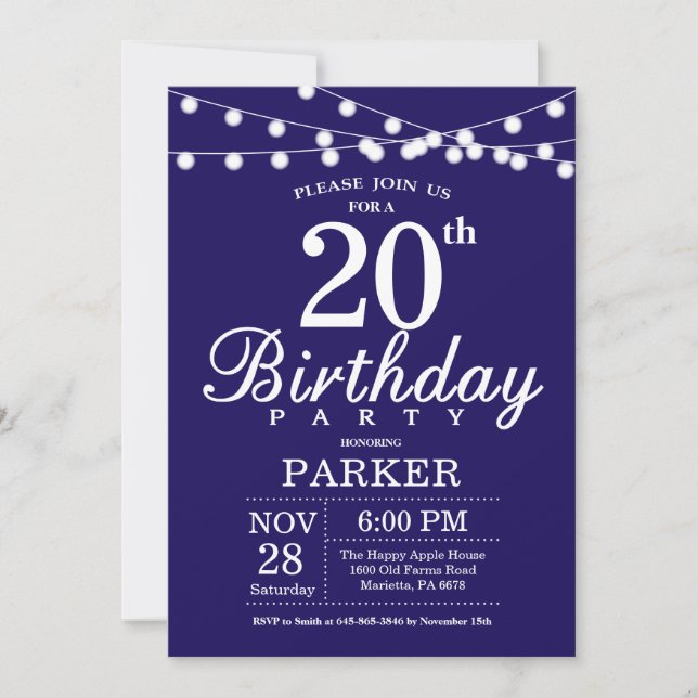 Invitation d'anniversaire 20 ans Bleu marine (Devant)