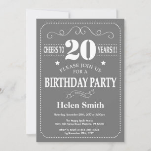 Invitation d'anniversaire 20 ans gris et blanc