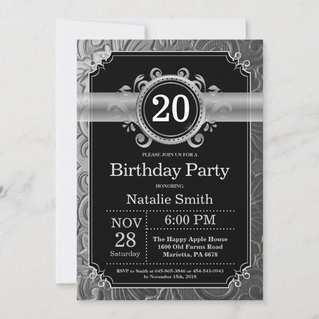 Invitation d'anniversaire 20 ans noir et paillette (Devant)