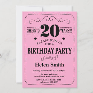 Invitation d'anniversaire 20 ans Noir et Rose