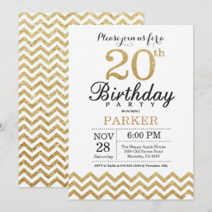 Invitation d'anniversaire 20 ans paillettes or