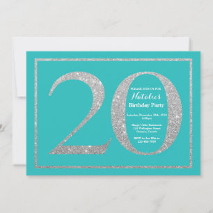 Invitation d'anniversaire 20 ans Paillettes Turquo
