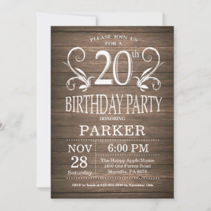 Invitation d'anniversaire 20 ans Rustique Bois Flo