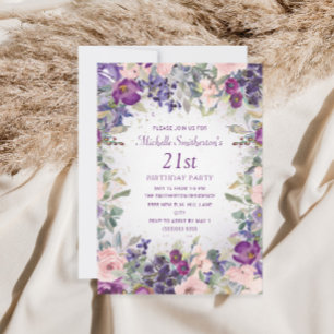 Invitation d'anniversaire 21 ans à fleurs rose et