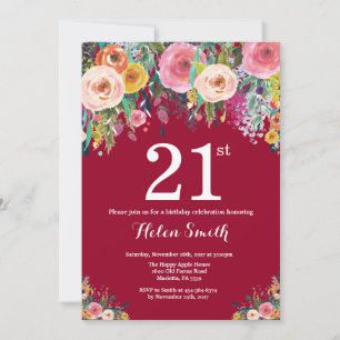 Invitation d'anniversaire 21 ans Floral Bourgogne