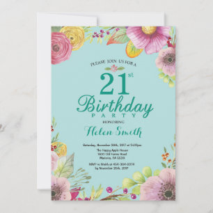 Invitation d'anniversaire 21 ans Floral pour Femme