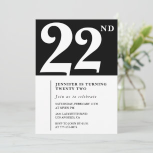 Invitation d'anniversaire 22 ans Noir Élégant Chic
