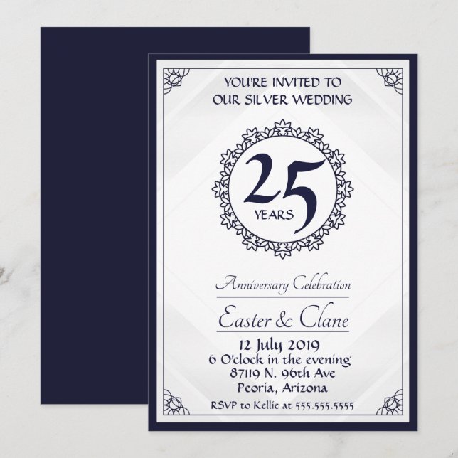 Invitation d'anniversaire 25 ans Bleu Royal (Devant / Derrière)