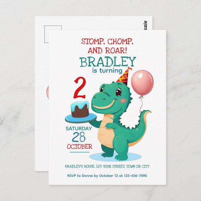 Invitation d'anniversaire 2 ans Dinosaure T Rex (Devant / Derrière)