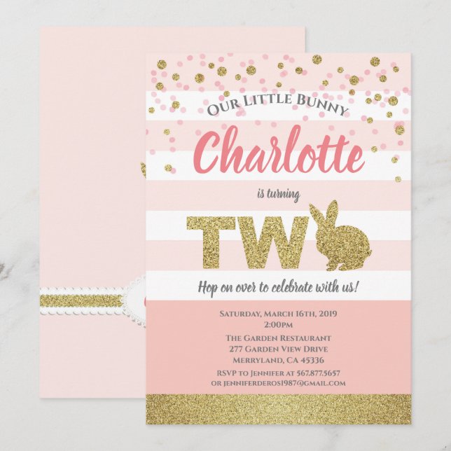 Invitation d'anniversaire 2 ans fille lapin rose e (Devant / Derrière)