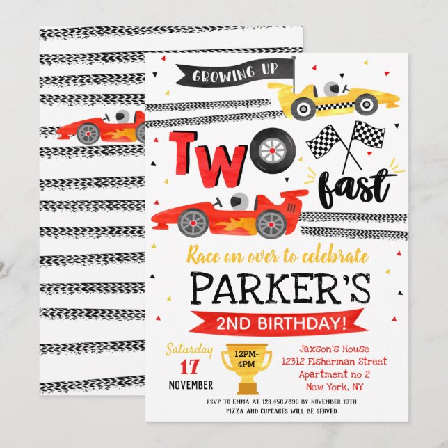 Invitation d'anniversaire 2 ans pour une voiture d (Devant / Derrière)