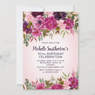 Invitation d'anniversaire 30 ans à fleurs rose vio