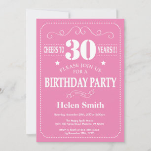 Invitation d'anniversaire 30 ans Rose et Blanc