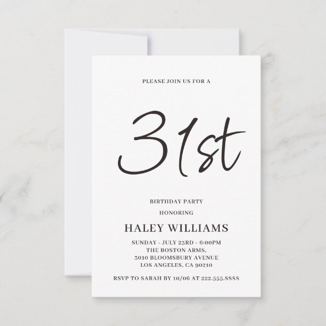 Invitation d'anniversaire 31 ans calligraphie simp (Devant)
