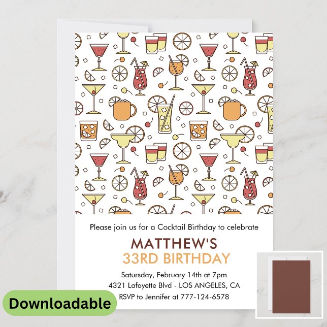 Invitation d'anniversaire 33 ans motif cocktail mo (Créateur téléchargé)