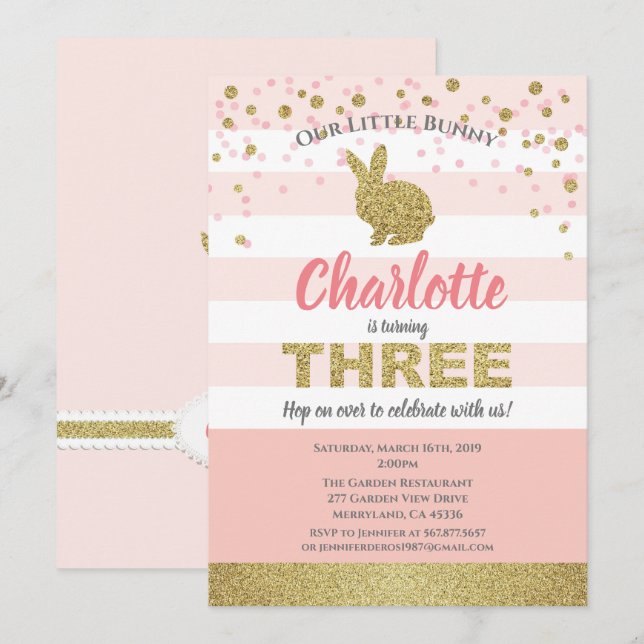 Invitation d'anniversaire 3 ans fille lapin rose e (Devant / Derrière)