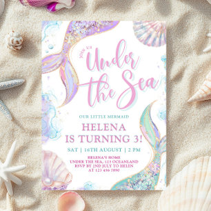 Invitation d'anniversaire 3 ans fille sirène sous