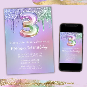 Invitation d'anniversaire 3 ans Paillettes Rose Vi