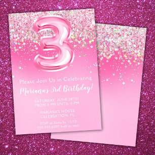 Invitation d'anniversaire 3 ans rose fille paillet