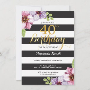 Invitation d'anniversaire 40 ans Femme. Floral Or 