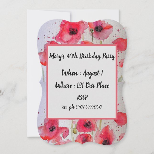 Invitation d'anniversaire 40 ans Floral Coquelicot (Devant)
