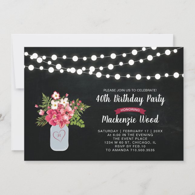 Invitation d'anniversaire 40 ans tableau noir, pot (Devant)