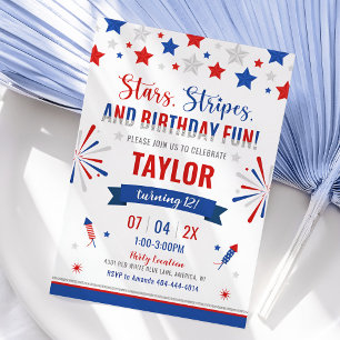 Invitation d'anniversaire 4 juillet, blanc rouge e
