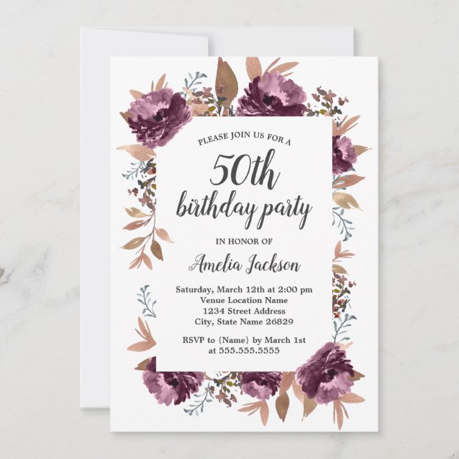 Invitation d'anniversaire 50 ans Bloom Purple Wate (Devant)