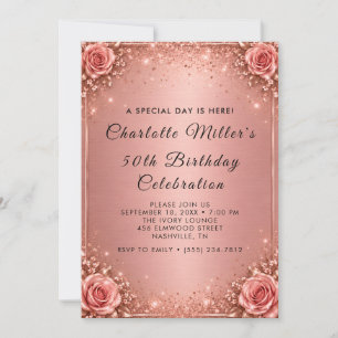 Invitation d'anniversaire 50 ans pailletée Rose Po