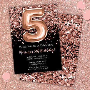 Invitation d'anniversaire 5 ans Noir Rose Or Paill