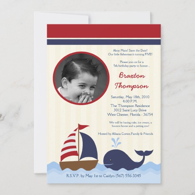 Invitation d'anniversaire 5x7 Ahoy nautique balein (Devant)