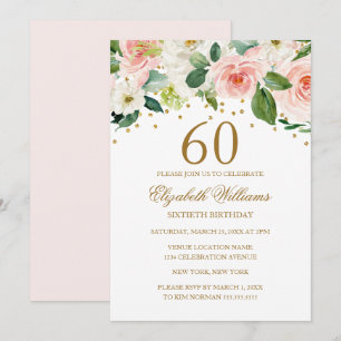 Invitation d'anniversaire 60 ans à fleurs aquarell