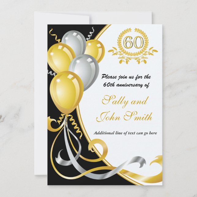 Invitation d'anniversaire 60 ans or et argent (Devant)