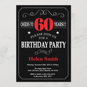 Invitation d'anniversaire 60e tableau rouge et noi
