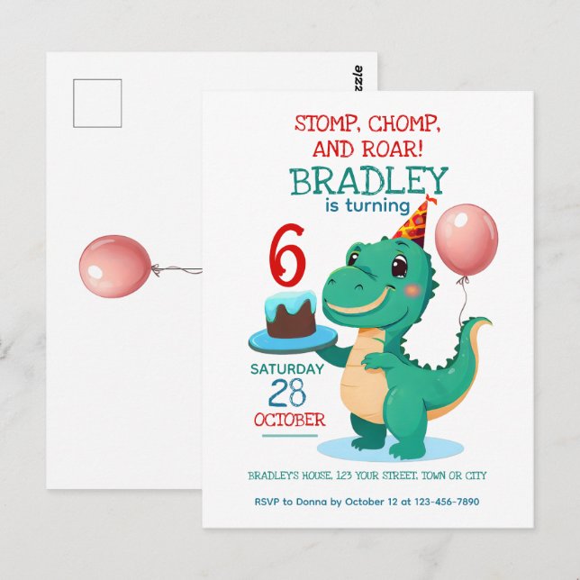 Invitation d'anniversaire 6 ans dinosaure T Rex (Devant / Derrière)