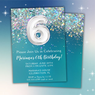 Invitation d'anniversaire 6 ans Teal Argent Paille