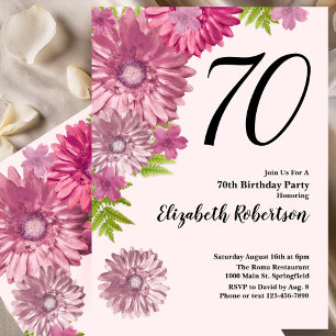 Invitation d'anniversaire 70 ans à fleurs roses en