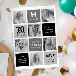 Invitation d'anniversaire 70 ans gris noir moderne