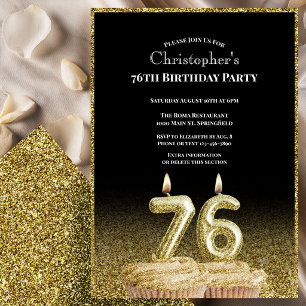Invitation d'anniversaire 76 ans noir et or pour l