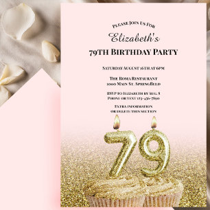 Invitation d'anniversaire 79 ans rose et or pour e